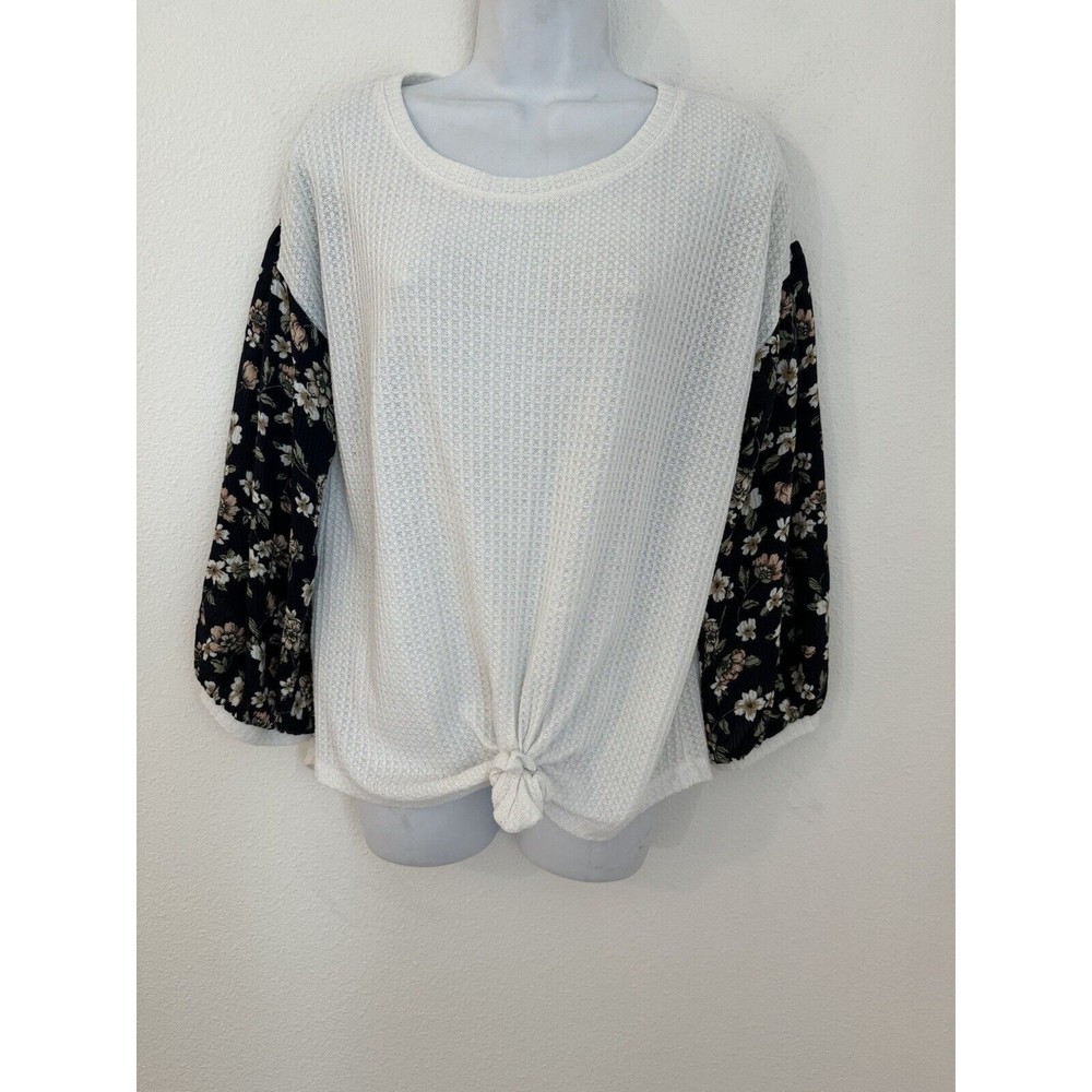 MYSTREE Top Blouse Womens Size M White Waffle Knit Mixed Media Floral Ditzy